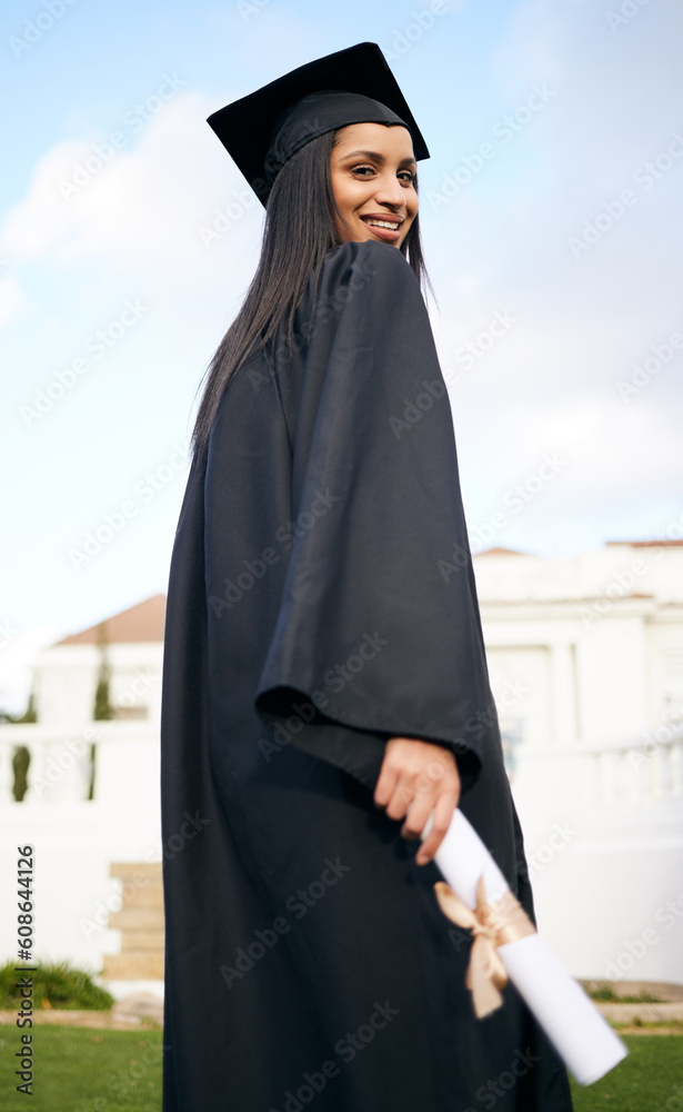 Poster Portrait, education and back with a woman graduate on university campus for a celebration event outdoor. Graduation, certificate and future with a happy young female student alone outside at college