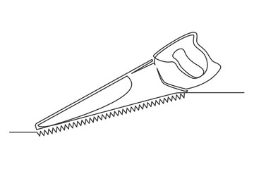 Continuous one line hand saw. Vintage hand saw isolated on a white background. Carpentry concept. Vector illustration