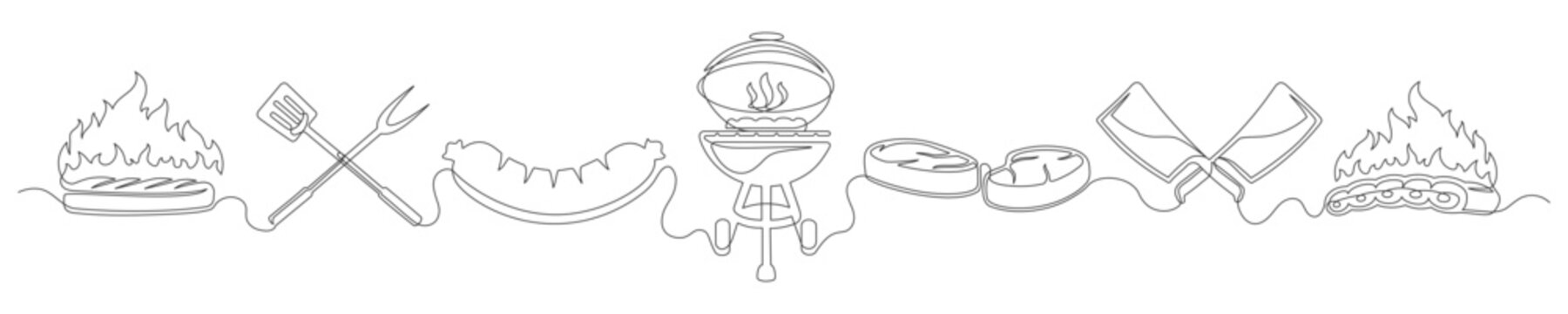 Set of continuous one line BBQ grill elements. Vintage BBQ grill elements isolated on a white background. Vector illustration