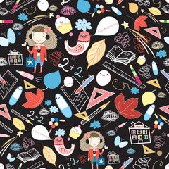 Obraz premium seamless pattern of different school subjects and birds on a black background