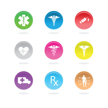 Medical icons in color circles on white background.