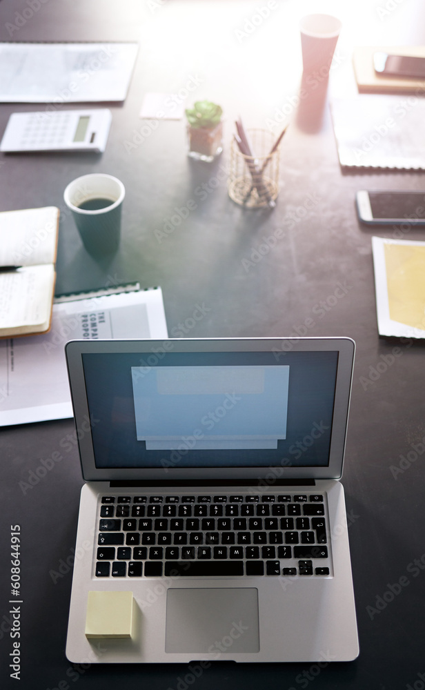 Aufkleber laptop, presentation and planning with a table in an empty boardroom ready for a strategy meeting. c