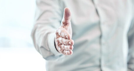 Businessman, handshake and meeting for hiring, welcome or introduction at the workplace. Hand of...