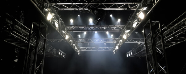 A Live stage production overhead trusses and lighting in a live venue. Stage rigging equipment. hand edited generative AI.  - obrazy, fototapety, plakaty
