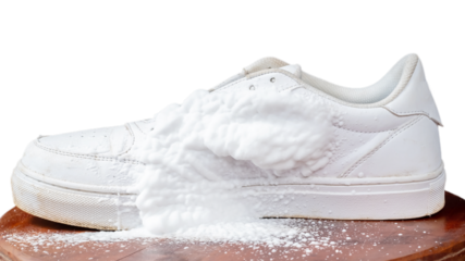 Cleansing foam on white leather footwear isolated on white background