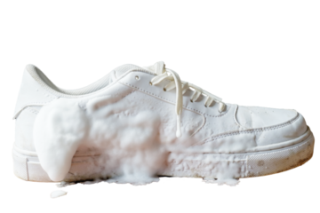 Cleansing foam on white leather footwear isolated on white background