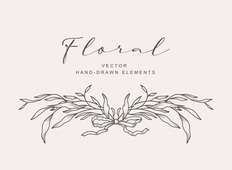 Hand drawn vintage floral border, frame, divider with flowers, leaves and ribbon bows. Trendy greenery elements in line art style. Vector for label, corporate identity, wedding invitation, card