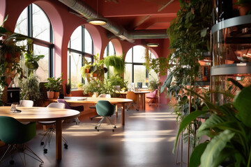 Fototapeta na wymiar Futuristic office space with a lot of green plants
