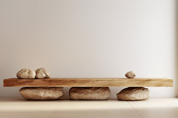 Wooden slab on stones as bench near white empty wall with copy space. Boho interior design of rustic living room in farmhouse. Created with generative AI