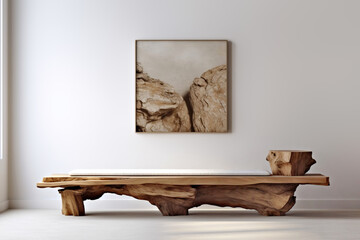 Rustic old wood log bench near white wall with art poster frame. Boho interior design of modern living room in farmhouse. Created with generative AI