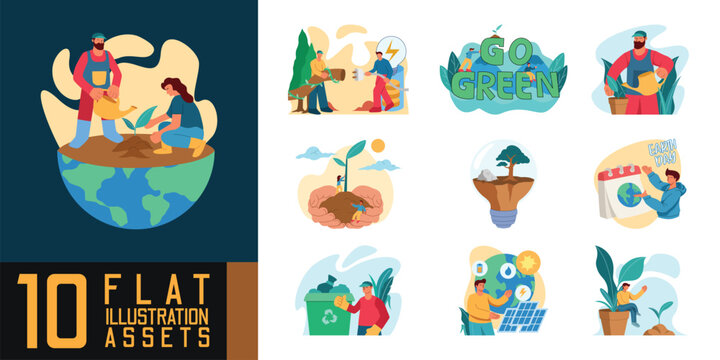 ecology or eco friendly recycle trash to save planet alternative energy green flat illustration for landing page website vector illustration design set template