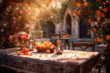 Fototapeta na wymiar Beautiful and atmospheric illustration with table, flowers in medieval garden. Cinematic, volumetric light, realistic environment made with Generative AI