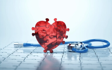 Red puzzle heart with stethoscope on white background. with blue light. Generative AI