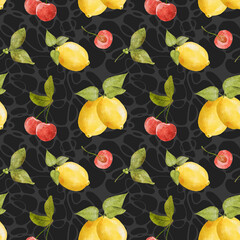 Seamless lemon cherry pattern. Watercolor illustration of cherry and lemon fruits and berries with leaves. Summer bright design. Citrus fruits on a black background.