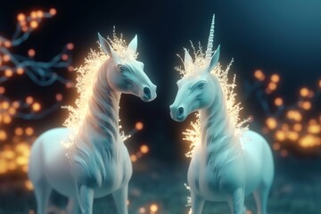 Fototapeta na wymiar A magic festive of happiness couple unicorns covered in glowing lights in a winter or spring scene
