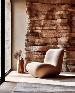 Lounge chair near wild stone cladding wall and window. Interior design of modern living room in country villa. Created with generative AI