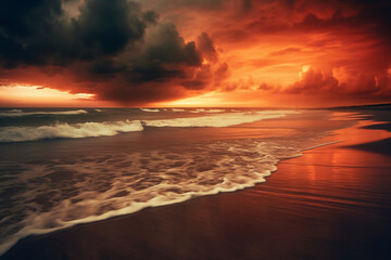 Sandy beach along an ocean at sunrise with dark clouds of red and orange. AI generative
