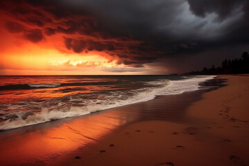 Sandy beach along an ocean at sunrise with dark clouds of red and orange. AI generative