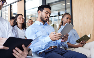 Staff, group and business people in a conference room, audience and seminar for corporate training, listening and diversity. Team, man and woman with notebook, tablet and workshop for development