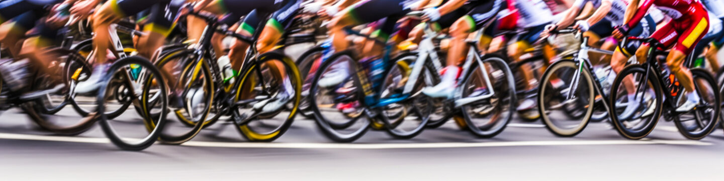 Captivating close-up of speeding bicycles in a thrilling race, showcasing wheels with dramatic motion blur effect. Emotionally stirring for sports enthusiasts. Generative AI