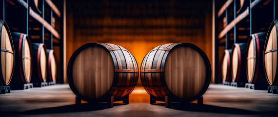 Wine or cognac barrels in the cellar of the winery, Wooden wine barrels in perspective. wine vaults. vintage oak barrels of craft beer or brandy. Generative ai.