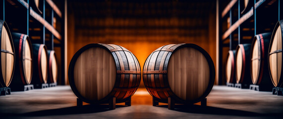 Wine or cognac barrels in the cellar of the winery, Wooden wine barrels in perspective. wine vaults. vintage oak barrels of craft beer or brandy. Generative ai.