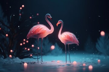 a couple flamingo covered in glowing lights, in a winter scene