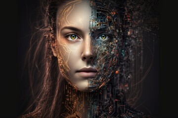 Close up view of half woman, half robot face is looking at camera - illustration, portrait, split screen. Artificial intelligence, technology, science, cybernetic and futuristic concept, Generative AI