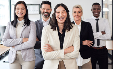 Happy, crossed arms and portrait of business people in office with confidence for teamwork and...