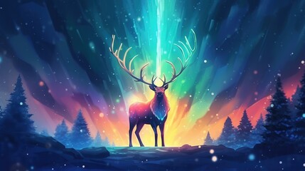 A big deer against the background of a northern lights in a spruce forest. Spiritual animal awakening concept. Generative AI. Illustration for banner, poster, cover, brochure or presentation.