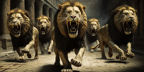 Captivating photo portraying 5 lions in an ancient Roman arena, evoking powerful emotions and nature's force, ideal for striking marketing purposes. Generative AI