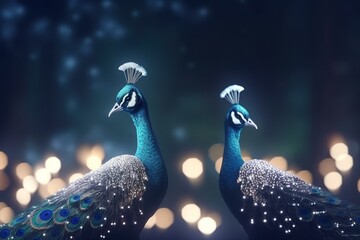 Couple Peacock covered in glowing lights, in a winter scen
