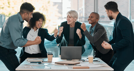 Meeting, success and motivation with a business team in the boardroom in celebration of a target or goal. Corporate, wow and support with a group of corporate colleagues cheering in their office