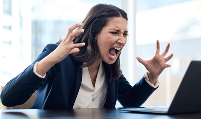 Business, woman and angry is shouting at computer with a problem or frustrated at company with...