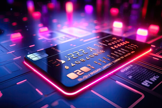 E-commerce and Digital Payments: credit Card on a Futuristic Neon Background - Generative AI