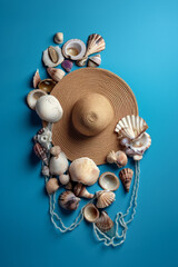 Obraz na płótnie Canvas Generative ai. Straw hat and seashells minimal. Copy space