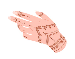 Hand with henna tattoo concept. Traditional brown patterns in boho style. Mysticism and esotericism. Witchcraft and sorcery, magic. Cartoon flat vector illustration isolated on white background