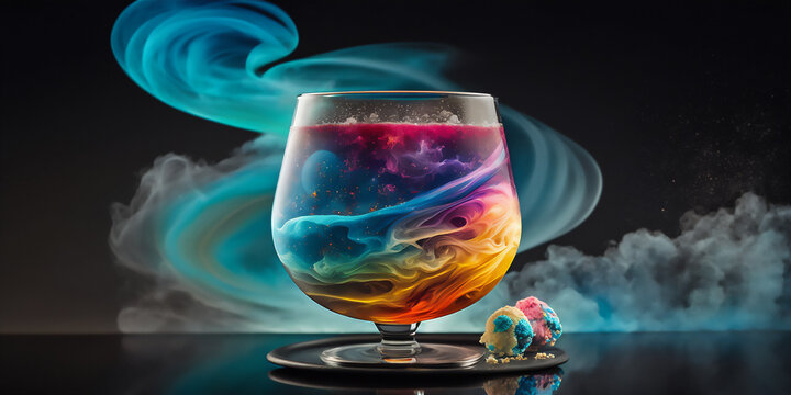 Bright cosmic cocktail in tall glass on bar top, with colorful turbulence, AI generated