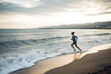 shot of a woman running along the coastline, created with generative ai