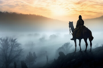 Obraz na płótnie Canvas Soldier on a camel, foggy area, silhouette. AI generative