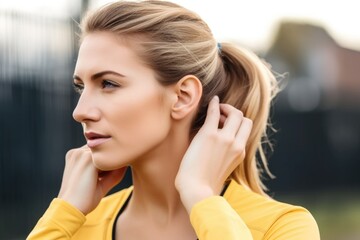 closeup of sporty woman holding ear while standing outdoors, created with generative ai