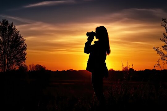 silhouette of a young woman taking pictures at sunrise, created with generative ai