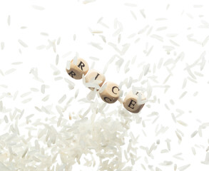 Rice alphabet letter word bead fly with completed grain seed. Raw Rice concept to refresh morning...