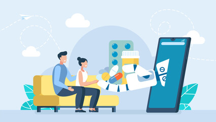 The family orders medicine through a mobile application. The robot holds medicine in its hand. Sale of medicines through a mobile application. Electronic medical commerce. Vector illustration