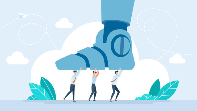 The robot wants to trample people. Competition between Artificial Intelligence and people. Businesspeople are facing the onslaught of AI. Business competition. Robot leg. Vector flat illustration