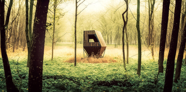 Eco-friendly modern stilt house in serene woods, flawlessly merging with nature, promoting tranquility and sustainable living for green designs. Generative AI