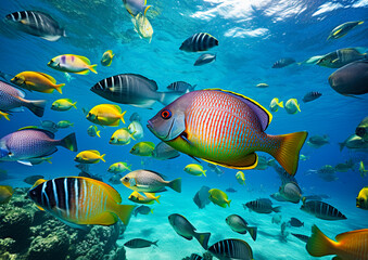 Fototapeta na wymiar Colorful tropical fish in the blue ocean. Ai generative