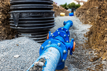 Intérieur de tranchée avec pose des tuyaux d'eau potable