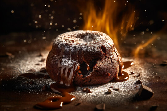 Warm And Gooey Chocolate Lava Cake With A Molten Center And Fire On Background. AI Generated.