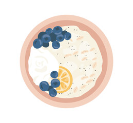 Oatmeal milk porridge top view concept. Healthy and traditional breakfast with fruits and berries, blueberries and banana. Cartoon flat vector illustration isolated on white background